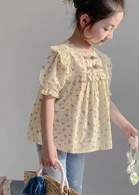 Handmade Yellow O-Neck Print Button Girls Shirts Summer SS1009 MM-RCTZ-STP240601