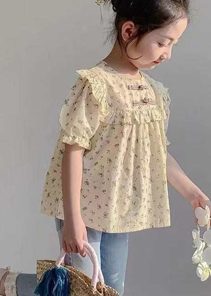 Handmade Yellow O-Neck Print Button Girls Shirts Summer SS1009 MM-RCTZ-STP240601