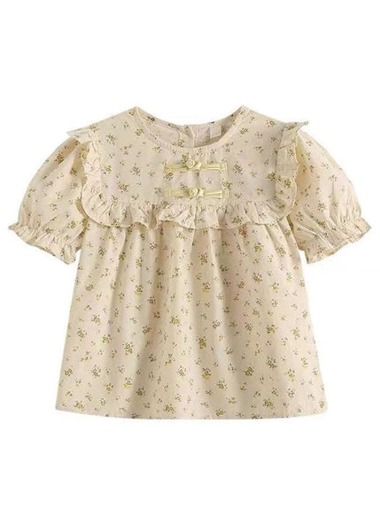 Handmade Yellow O-Neck Print Button Girls Shirts Summer SS1009 MM-RCTZ-STP240601