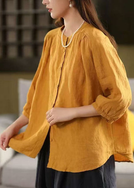 Yellow Blouses Oversized Bracelet Sleeve Handmade Linen FashionChic