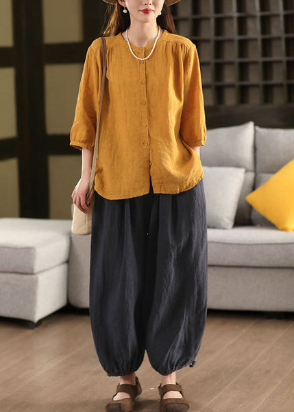 Yellow Blouses Oversized Bracelet Sleeve Handmade Linen FashionChic