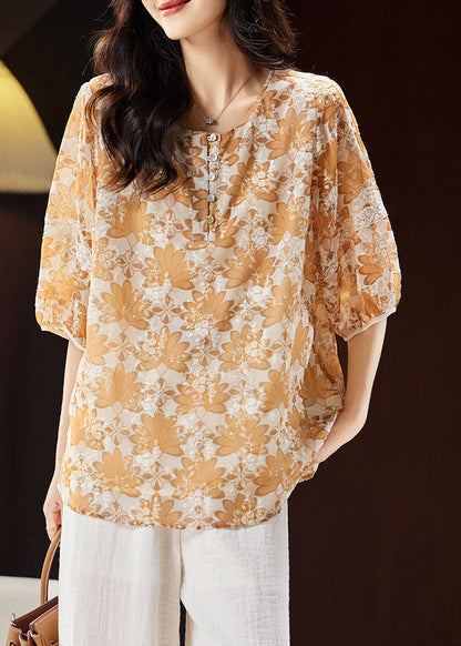 Handmade Yellow Print Button Chiffon Top Summer WW031 OL-HTP240812