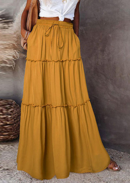 Patchwork Waist Handmade Ruffled Yellow Maxi Summer Skirt Elastic FashionChic
