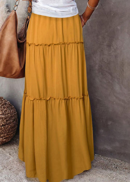 Patchwork Waist Handmade Ruffled Yellow Maxi Summer Skirt Elastic FashionChic
