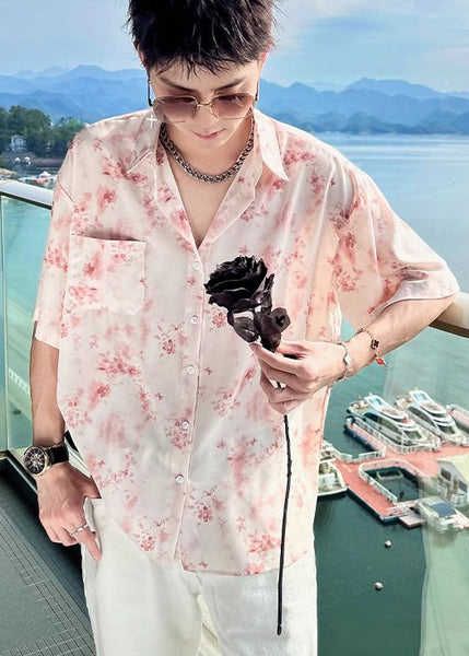 Hawaiian Vacation Pink Ice Silk Floral Shirt Men's Short Sleeved HG033 Men-Silk-MENSTP240725
