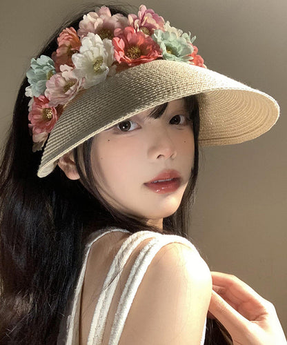 Holiday Style Beige Floral Straw Woven Floppy Sun Hat WB020 ABC