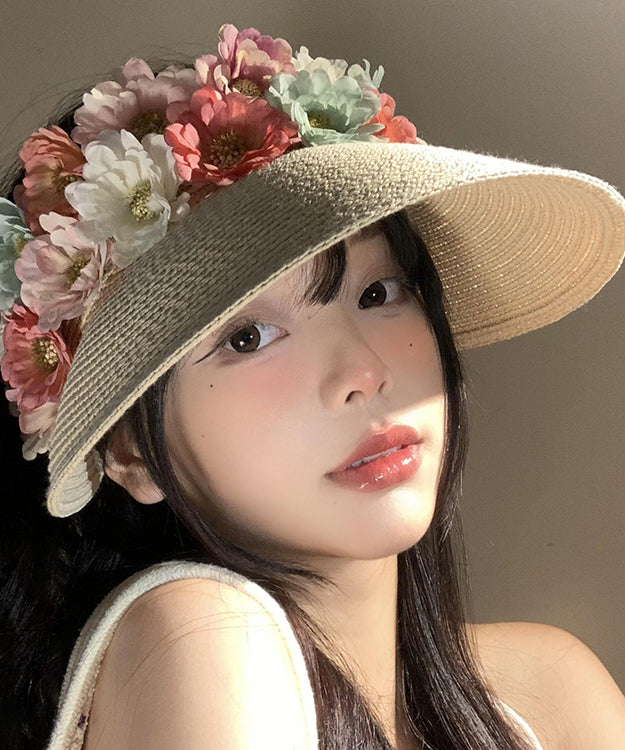 Holiday Style Beige Floral Straw Woven Floppy Sun Hat WB020 ABC