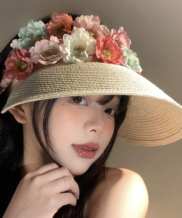 Holiday Style Beige Floral Straw Woven Floppy Sun Hat WB020 ABC