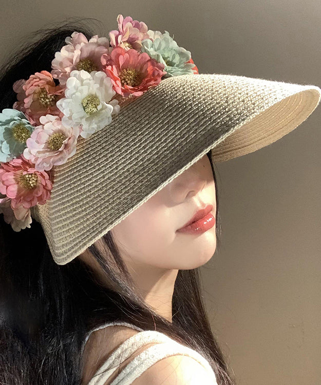 Holiday Style Beige Floral Straw Woven Floppy Sun Hat WB020 ABC