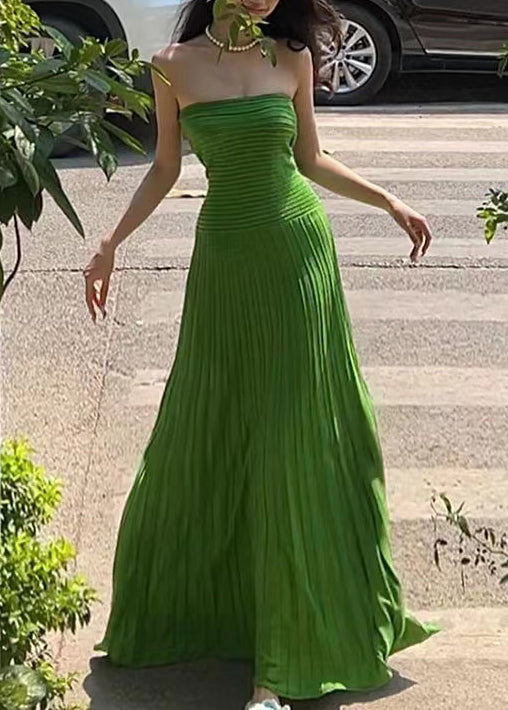 Holiday Style Green Strapless Ice Silk Waist Cinching Dress Summer EE1015 SH-LF-SDL240517