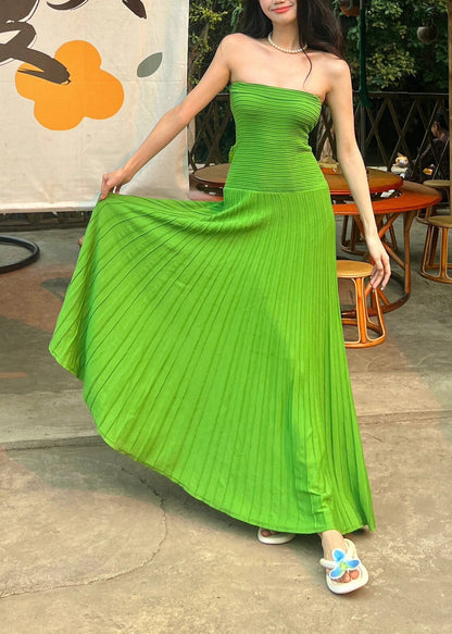 Holiday Style Green Strapless Ice Silk Waist Cinching Dress Summer EE1015 SH-LF-SDL240517