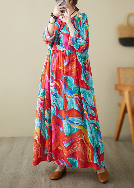 Holiday Style Red O-Neck Print Loose Cotton Long Dress Summer AP070 GK-SDL240718