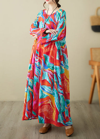 Holiday Style Red O-Neck Print Loose Cotton Long Dress Summer AP070 GK-SDL240718