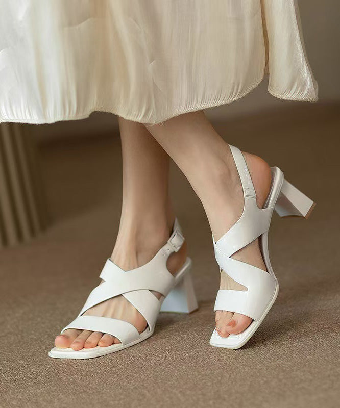 Hollow Chunky Out Heel Faux Sandals Splicing Leather White FashionChic