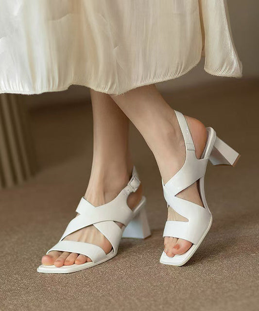 Hollow Chunky Out Heel Faux Sandals Splicing Leather White FashionChic