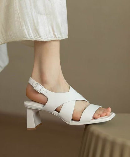 Hollow Chunky Out Heel Faux Sandals Splicing Leather White FashionChic