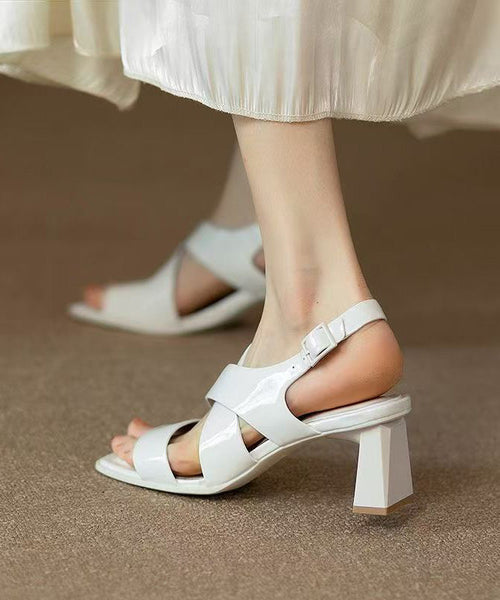 Hollow Chunky Out Heel Faux Sandals Splicing Leather White FashionChic