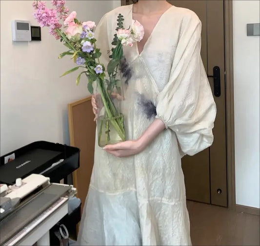 Original Design V Neck Print Patchwork Cotton Dresses Lantern Sleeve WW1001 Ada Fashion