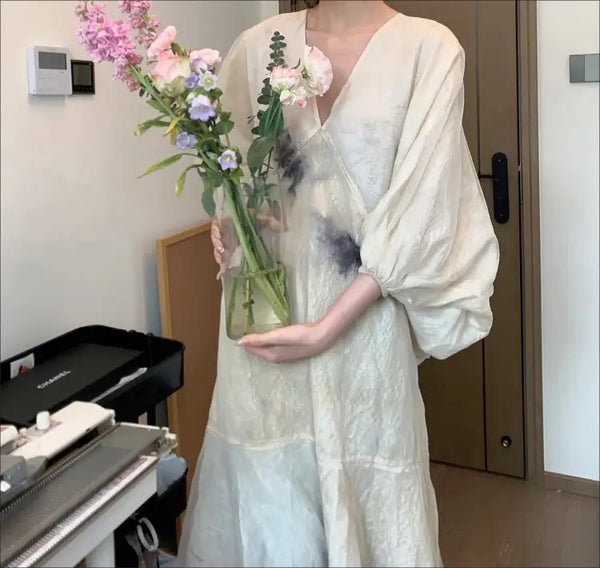 Original Design V Neck Print Patchwork Cotton Dresses Lantern Sleeve WW1001 Ada Fashion