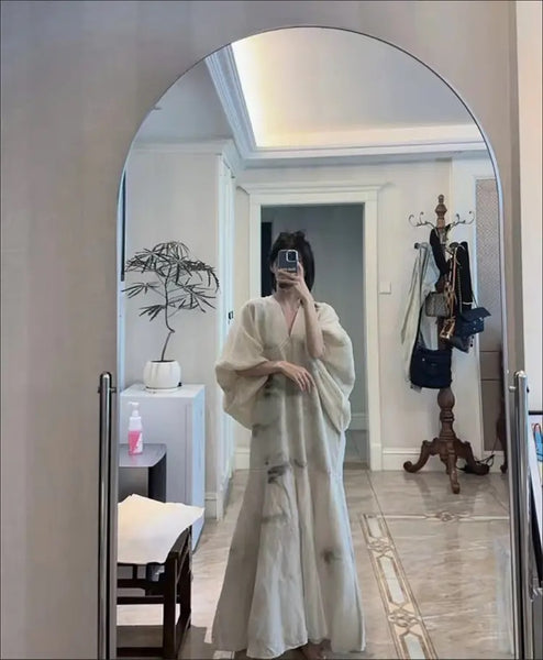 Original Design V Neck Print Patchwork Cotton Dresses Lantern Sleeve WW1001 Ada Fashion