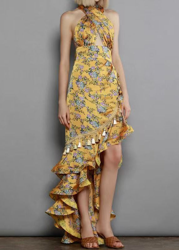 Irregular European and American Ruffled Edge Print Hanging Neck Backless Dress ZL063 SH-LF-SDL240621