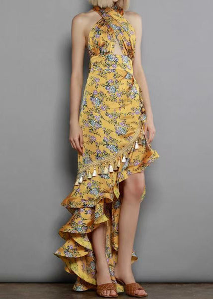 Irregular European and American Ruffled Edge Print Hanging Neck Backless Dress ZL063 SH-LF-SDL240621