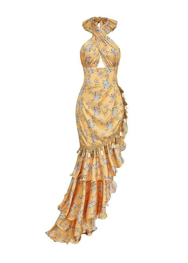 Irregular European and American Ruffled Edge Print Hanging Neck Backless Dress ZL063 SH-LF-SDL240621