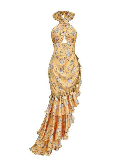 Irregular European and American Ruffled Edge Print Hanging Neck Backless Dress ZL063 SH-LF-SDL240621