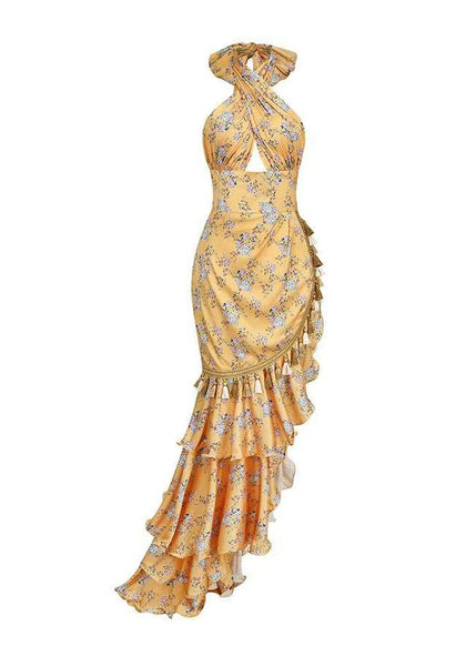 Irregular European and American Ruffled Edge Print Hanging Neck Backless Dress ZL063 SH-LF-SDL240621