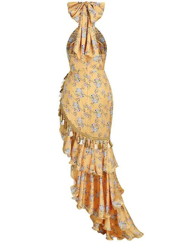 Irregular European and American Ruffled Edge Print Hanging Neck Backless Dress ZL063 SH-LF-SDL240621