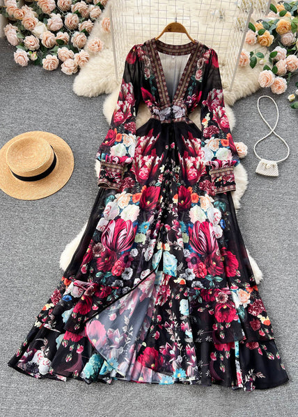 Italian Apricot V Neck Print Elastic Waist Chiffon Maxi Dresses Fall TR041 ZS-FDL240730