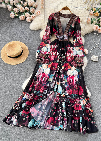 Italian Apricot V Neck Print Elastic Waist Chiffon Maxi Dresses Fall TR041 ZS-FDL240730