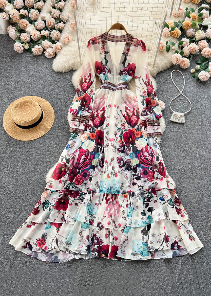 Italian Apricot V Neck Print Elastic Waist Chiffon Maxi Dresses Fall TR041 ZS-FDL240730