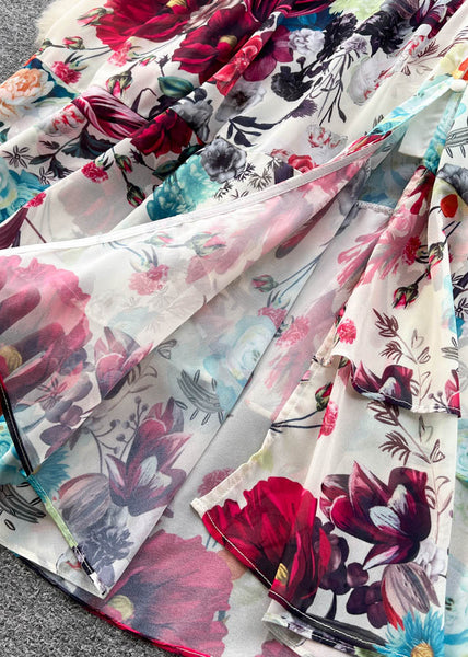 Italian Apricot V Neck Print Elastic Waist Chiffon Maxi Dresses Fall TR041 ZS-FDL240730