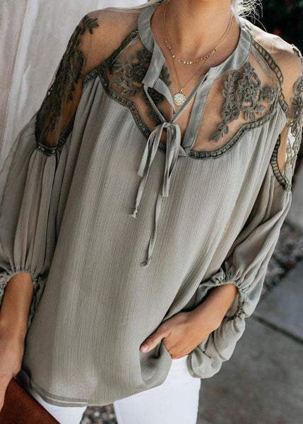 Italian Fall Patchwork Chiffon Top Green Army Tulle FashionChic