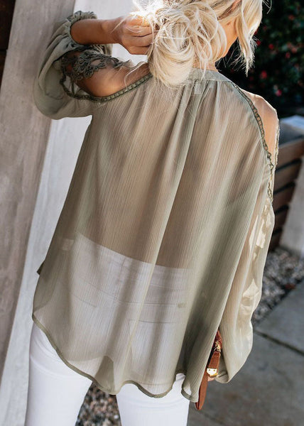 Italian Fall Patchwork Chiffon Top Green Army Tulle FashionChic