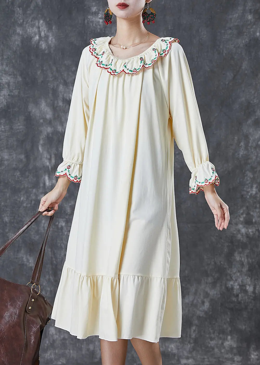 Italian Beige Embroidered Ruffles Cotton Maxi Dresses Fall Ada Fashion