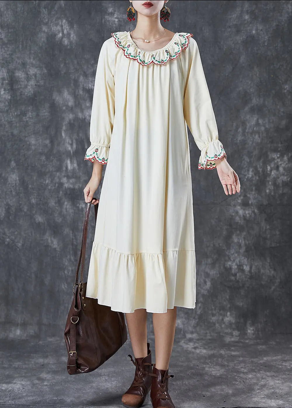 Italian Beige Embroidered Ruffles Cotton Maxi Dresses Fall Ada Fashion