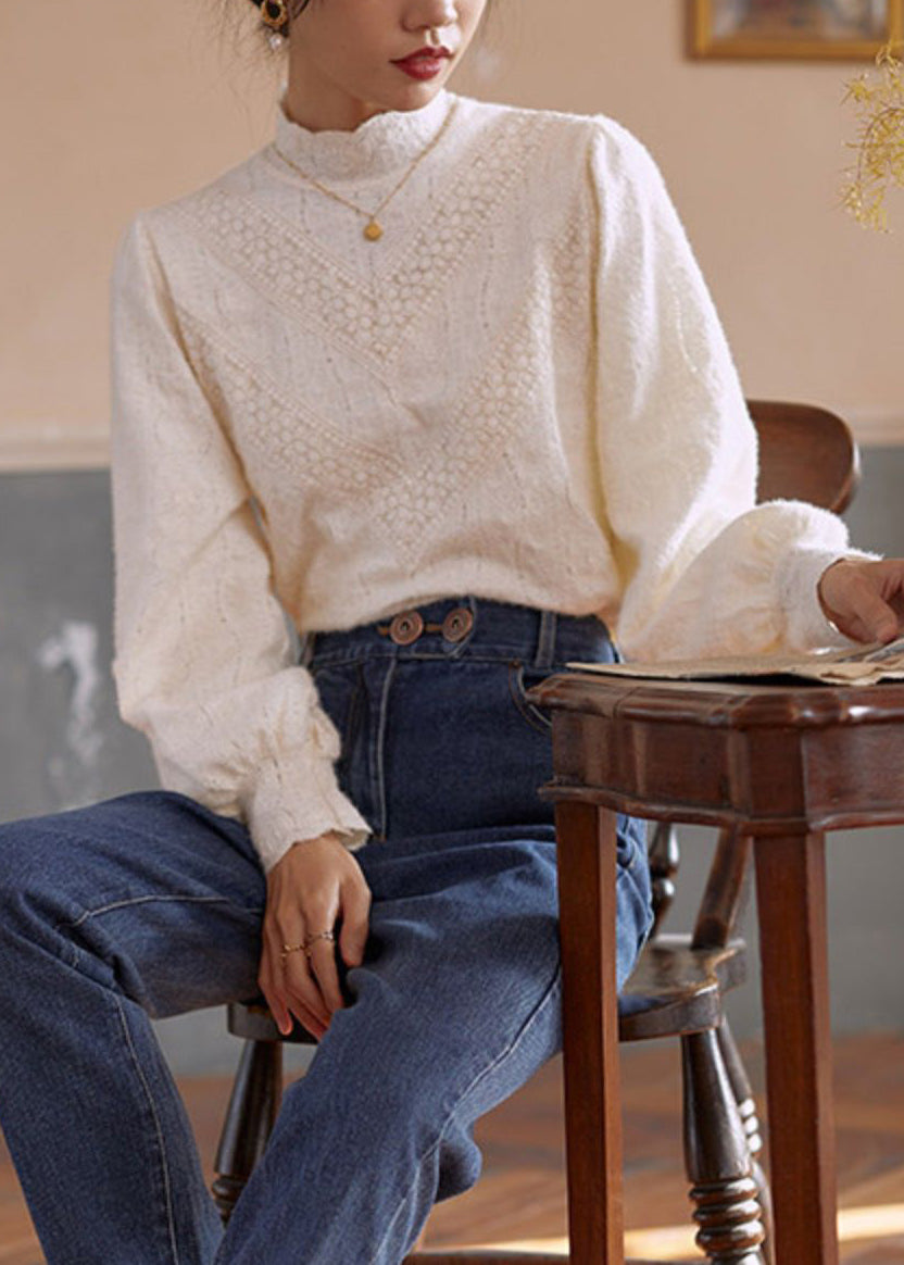 Italian Beige Hollow Out Lace Warm Fleece Top Long Sleeve TU049