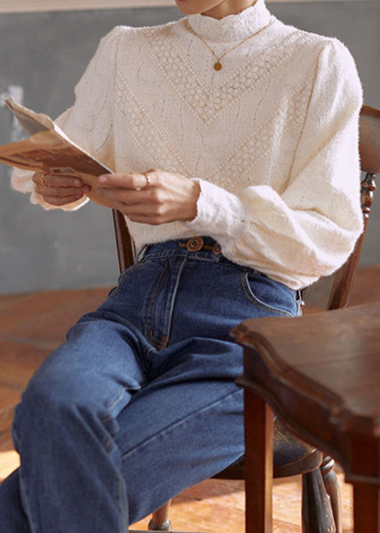 Italian Beige Hollow Out Lace Warm Fleece Top Long Sleeve TU049