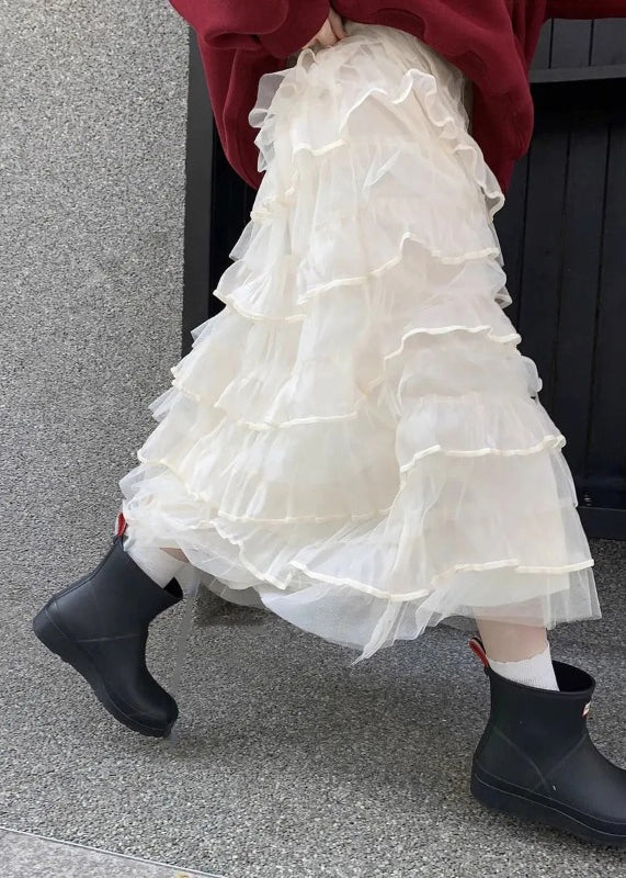 Solid Elastic Italian Tulle Beige Skirts Summer Layered Waist FashionChic