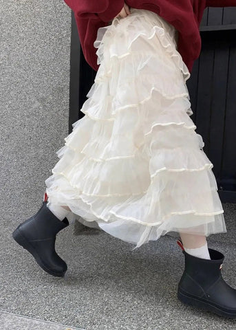 Solid Elastic Italian Tulle Beige Skirts Summer Layered Waist FashionChic