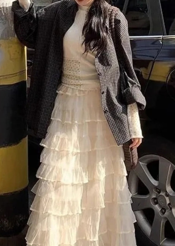 Solid Elastic Italian Tulle Beige Skirts Summer Layered Waist FashionChic