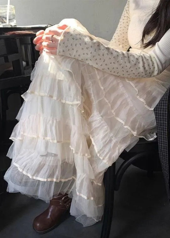 Solid Elastic Italian Tulle Beige Skirts Summer Layered Waist FashionChic