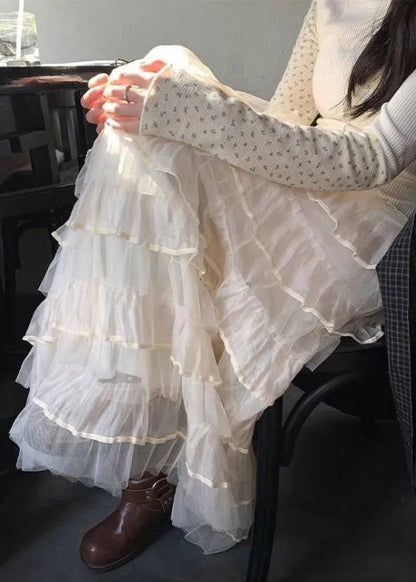 Solid Elastic Italian Tulle Beige Skirts Summer Layered Waist FashionChic