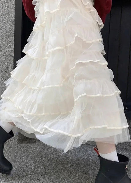 Solid Elastic Italian Tulle Beige Skirts Summer Layered Waist FashionChic
