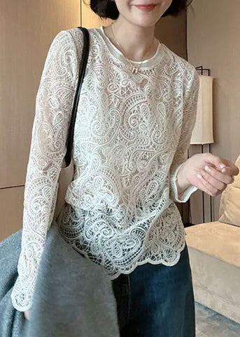 Italian Hollow Lace Beige Out Spring O-Neck Top FashionChic