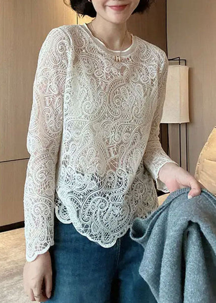 Italian Hollow Lace Beige Out Spring O-Neck Top FashionChic