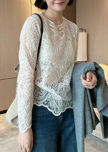 Italian Hollow Lace Beige Out Spring O-Neck Top FashionChic