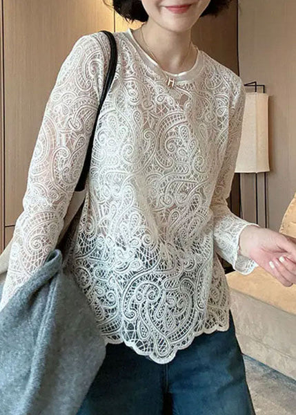 Italian Hollow Lace Beige Out Spring O-Neck Top FashionChic